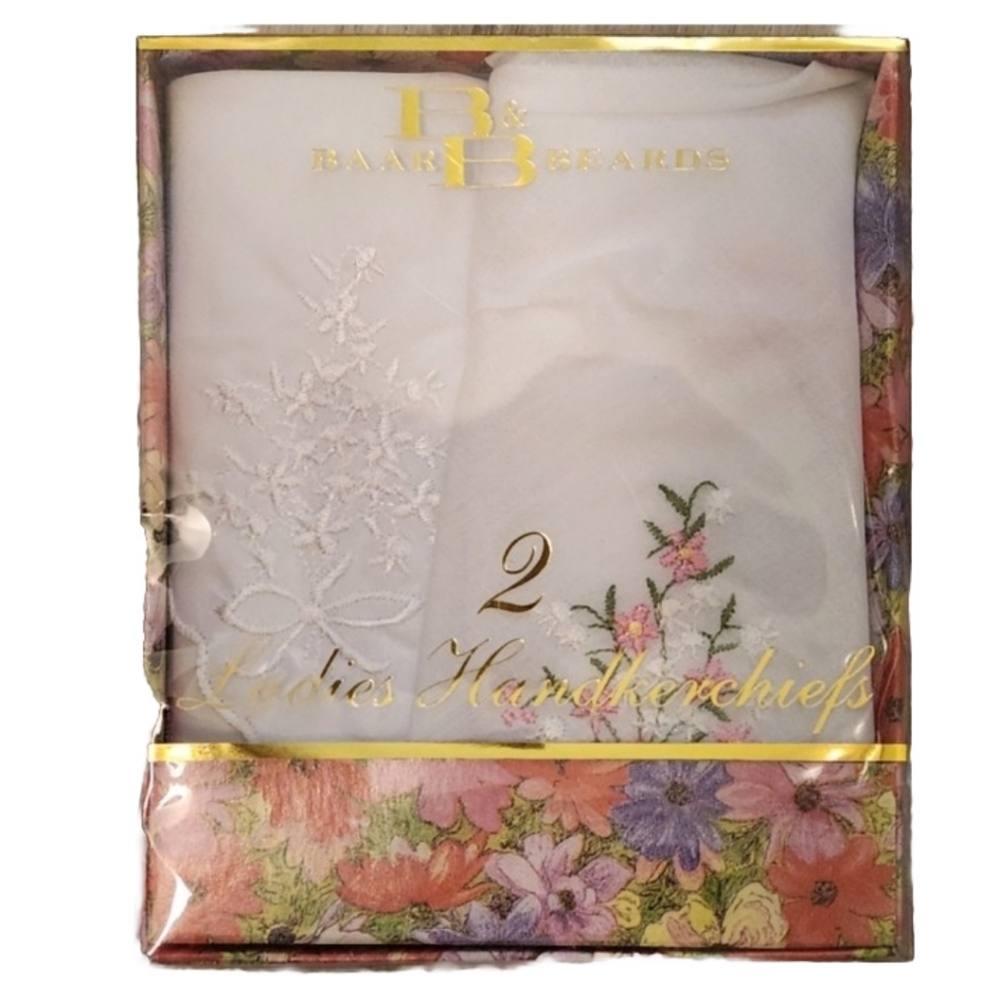 Baar & Beards Cotton Embroidered Floral Handkerchiefs Set Of Two NIB